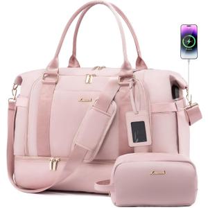 Gym Bag for Women LOVEVOOK Travel Duffel Bag with USB Charging Port,Weekender Bags for Women with Shoe Compartment,Carry on Overnight Bag with Toiletry Bag,Hospital Bags for Labor and Deliver (Light Pink)
