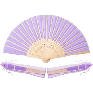 Sepwedd 50pcs Violet Imitated Silk Fabric Bamboo Folded Hand Fan Bridal Dancing Props Church Wedding party favors with Organza Bags, 2 count