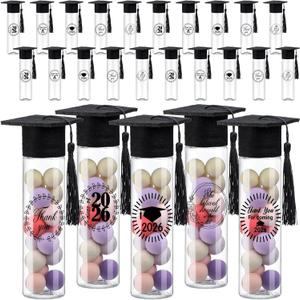Teenyyou 25 Pcs Graduation Candy Tubes 2026 Graduation Party Favors Candy Boxes Plastic Grad Cap Jars Container with Tassels and Stickers for DIY Grad Table Party Favors (Black)