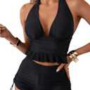 OYOANGLE Women's 2 Piece Tankini Set Two Piece Ruffle Bathing Suits Ruched Halter Swimsuits with Shorts (X-Large, Black)