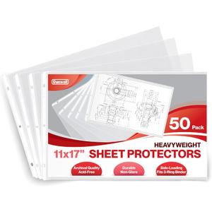 Dunwell 11x17 Sheet Protectors Landscape - (50 Pack, Heavyweight), 11 x 17 Ledger Size Plastic Sleeves, 3 Hole Punched, Fits 3-Ring Binders, Clear Archival Sleeves, Oversized Sheet Protectors