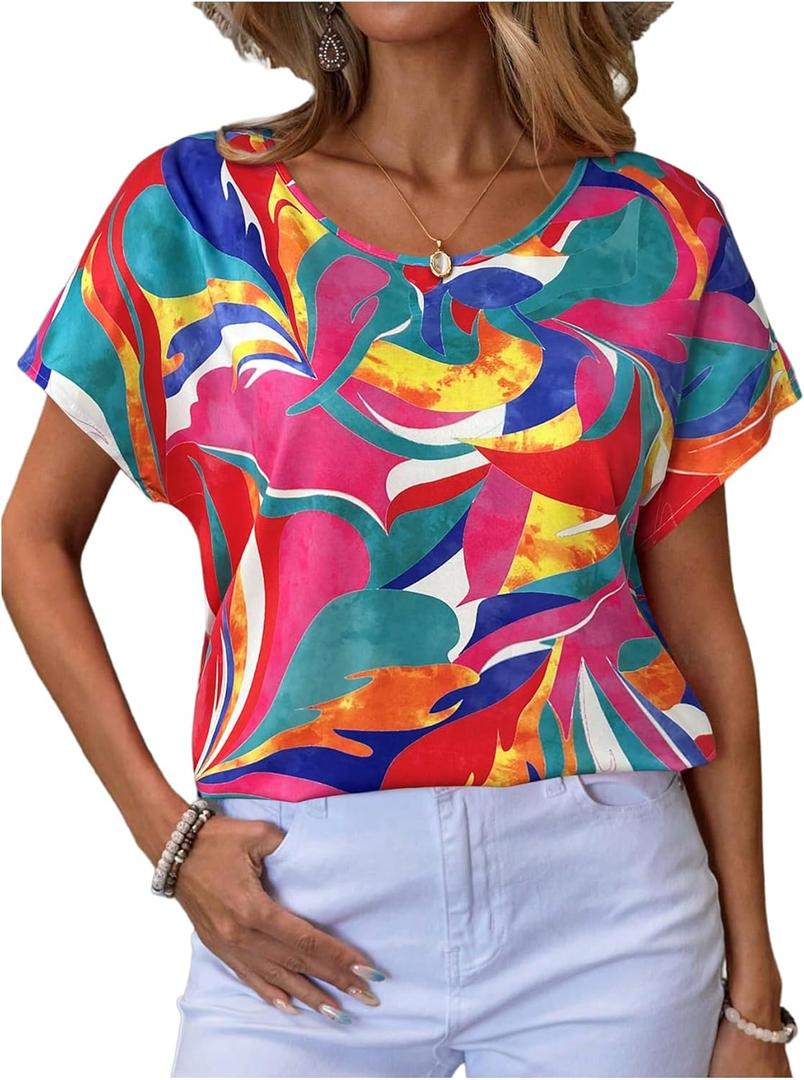 Women's Graphic Blouse Short Sleeve Crew Neck Dressy Shirt Tops (L)