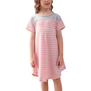 GORLYA Girls Casual Striped Dress Soft Short Sleeve Loose Round Neck Midi T-Shirt Dress for 6-14Y (Pink)