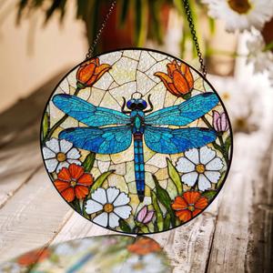 Sun Catcher Stained Glass Window Hanging 8 inch Suncatcher Wall Art Home Decor Sun Catchers Decoration for Garden Home Housewarming Gifts (Dragonfly Suncatcher And Roses)