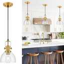 Audickic Pendant Lights Kitchen Island, 7.5" Farmhouse Pendant Lighting with Clear Seeded Glass Shade, Vintage Hanging Light Fixtures for Dining Room, Brushed Gold