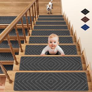 Stair Treads for Wooden Steps, 8" X 30" Stair Treads Non Slip, Peel and Stick Stair Carpet, TPR Self-Adhesive Backing May Reusable, lndoor Stair Runner Suitable for Kids Elders and Pet15pcs-Grey