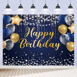 Happy Birthday Backdrop 7x5ft for Men Boys Navy Blue and Gold Happy Birthday Banner Decorations Large Birthday Party Photo Background Poster for Women Girls Supplies Polyester Fabric