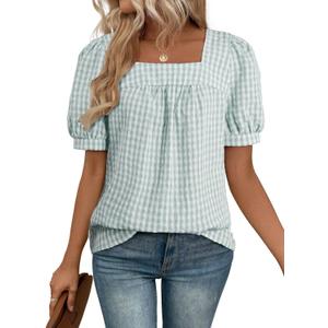 EVALESS Tops for Women Short Sleeve Tunic Blouse Square Neck Gingham Tops Cotton Blend Plaid Shirt Cute Checkered Shirt. L Size