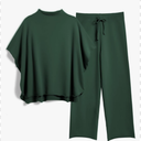 Women's Two Piece Outfits 3/4 Sleeve Capelet Crew Neck Pullover Top Wide Leg Pants Lounge Set Green Small