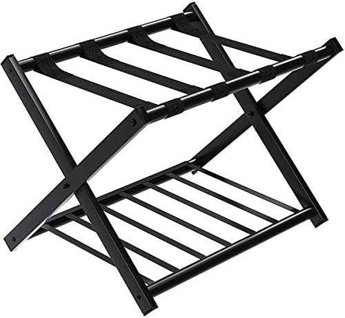 Tangkula Luggage Rack, Folding Metal Suitcase Luggage Stand, Double Tiers Luggage Holder with Shoe Shelf, Luggage Stand for Bedroom, Guest Room, Hotel (Black)