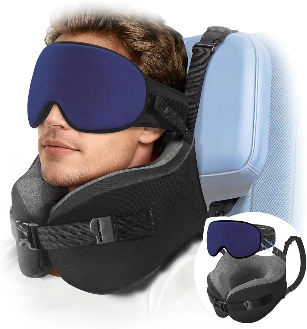YFONG Travel Pillow for Long Flight Airplanes, Head Strap Combo with 3D Contoured Eye Mask for Sleep, Neck Pillow for Car Trip Essential, 360 Support Memory Foam Headrest, Prevent Bobbing, Blue