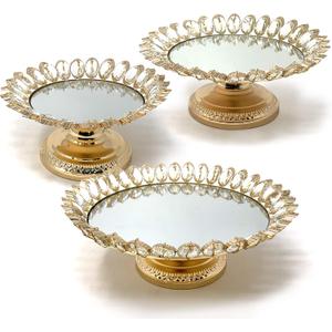 allgala 3-Piece Set Crystal Gold Plated Cheese Dessert Cupcake Cake Stand with Mirror Plate-Gold Lotus-HD89207