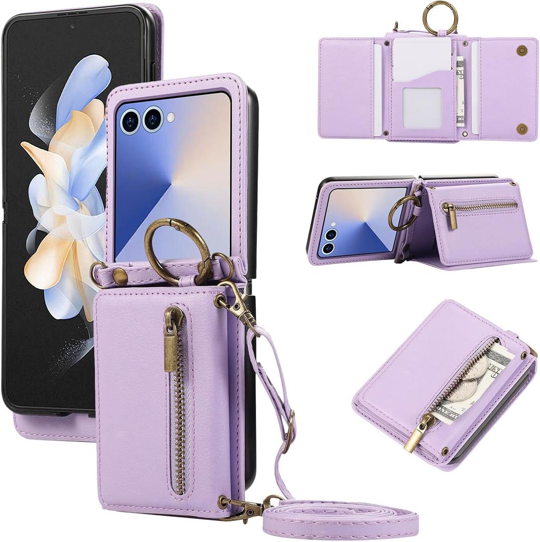 Compatible with Samsung Galaxy Z Flip 7 5G 2024 Wallet Case and Crossbody Shoulder Strap Ring Buckle Hinge Protection Stand Card Holder Phone Cover for ZFlip7 Z7 G Flip7 7Z Women Girls Men Purple