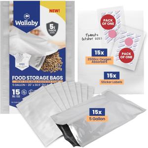 Wallaby 15 Count 5-Gallon Mylar Bags with 2500cc Oxygen Absorbers, 10 Mil Total Thickness Long-Term Food Storage Pouches, 20x30 Resealable Zipper Heat-Sealable Airtight Packaging - Silver