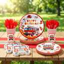 168pcs Firetruck Paper Plates Napkins Fire Truck Party Supplies Disposable Tableware Set for Kids Fireman Themed Birthday Decorations Serve 24 Guests