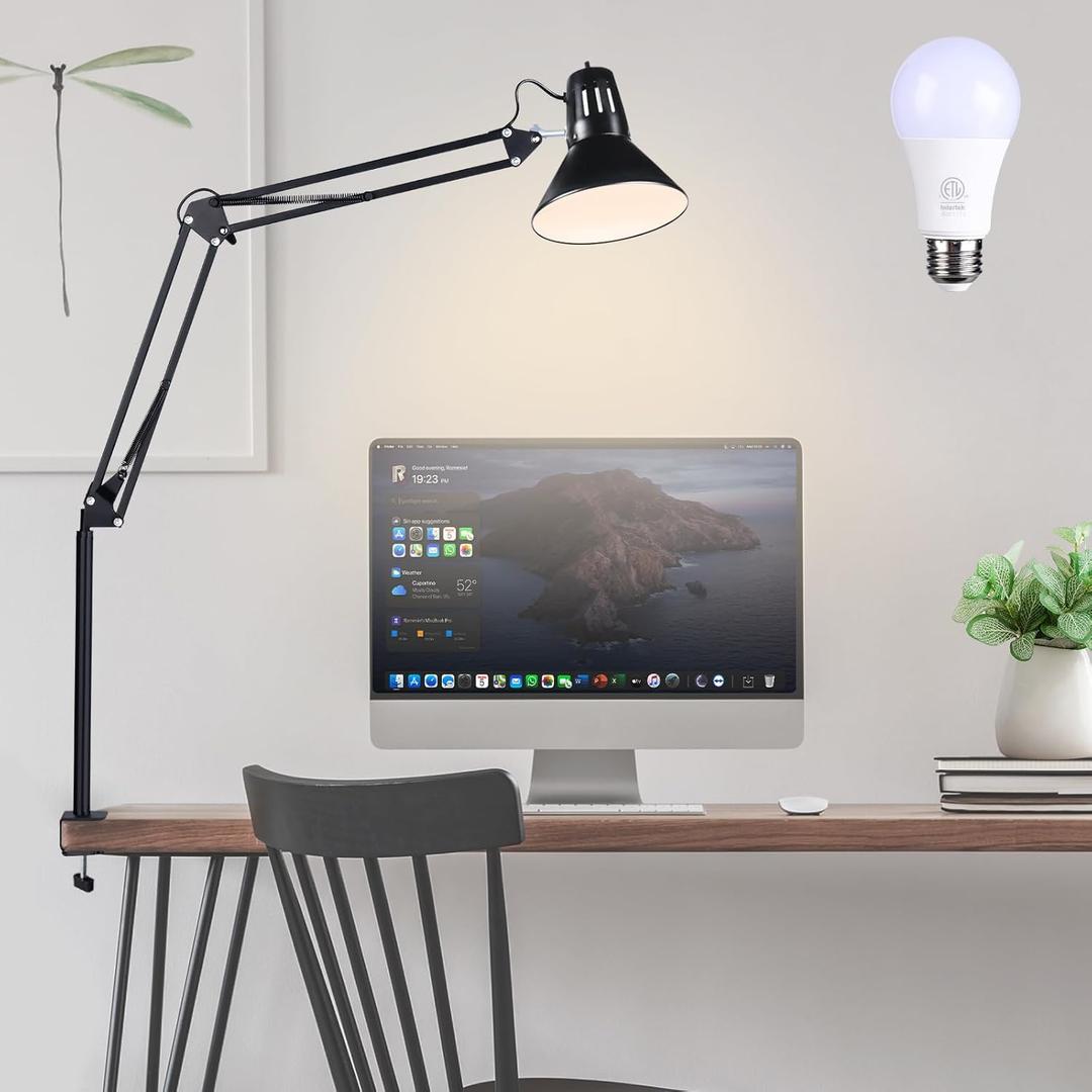 Swing Arm Desk Lamp for Home Office 360Adjustable,Tall Metal Clamp on lamp with Bulb,Eye-Caring Clip on Desk Light for Computer Work Study Reading and Drafting