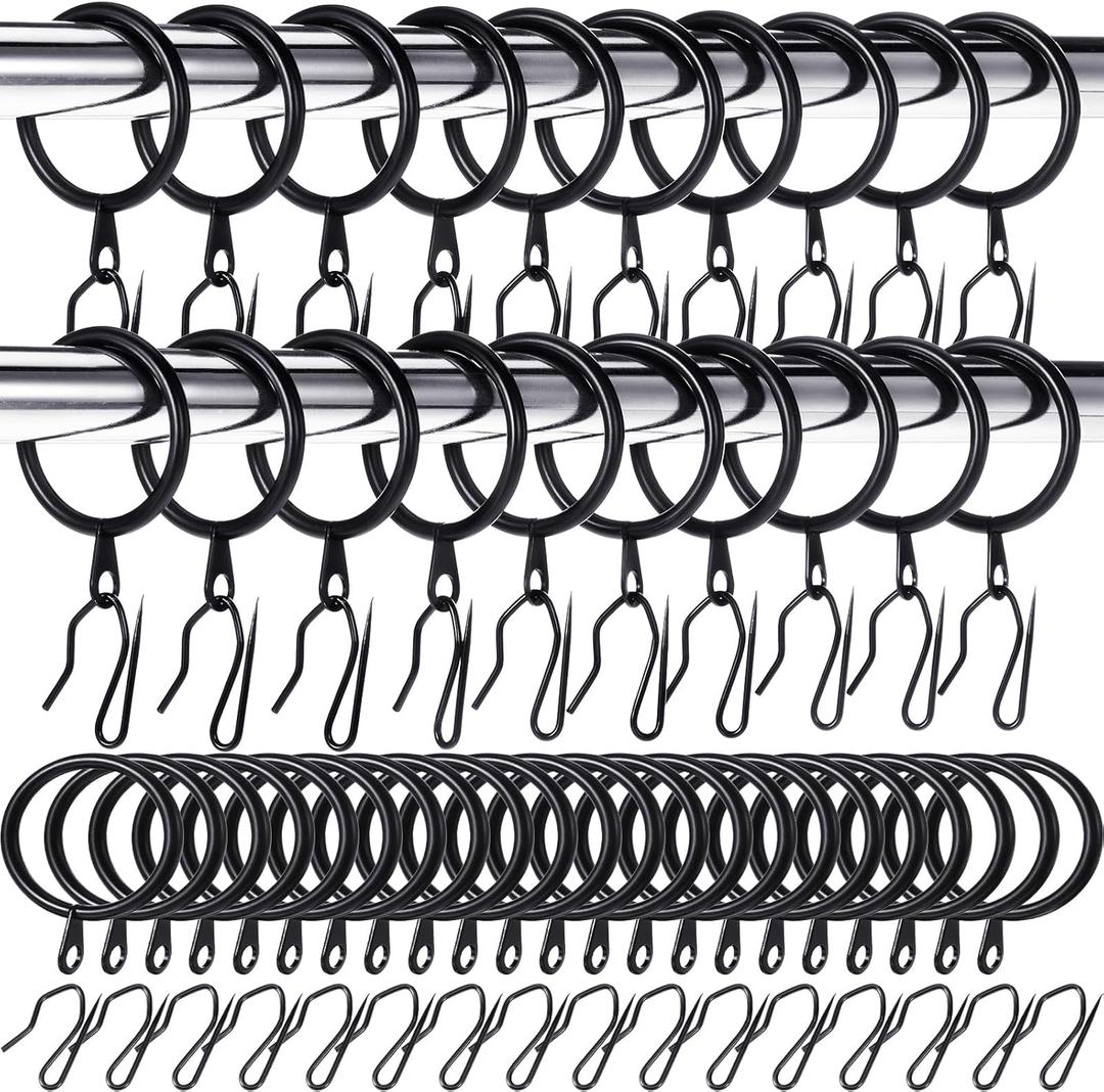 Hotop 60 Pieces 1.65 Inch Metal Drapery Curtain Rings Curtain Hanging Rings and 60 Pieces Metal Drapery Pin Hooks for Drapes Window Door Shower (Black)