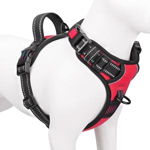 Reflective Dog Harness Large Breed Adjustable No Pull Vest with Handle 2 Metal Rings 3 Buckles [Easy to Put on & Take Off](Red, L)