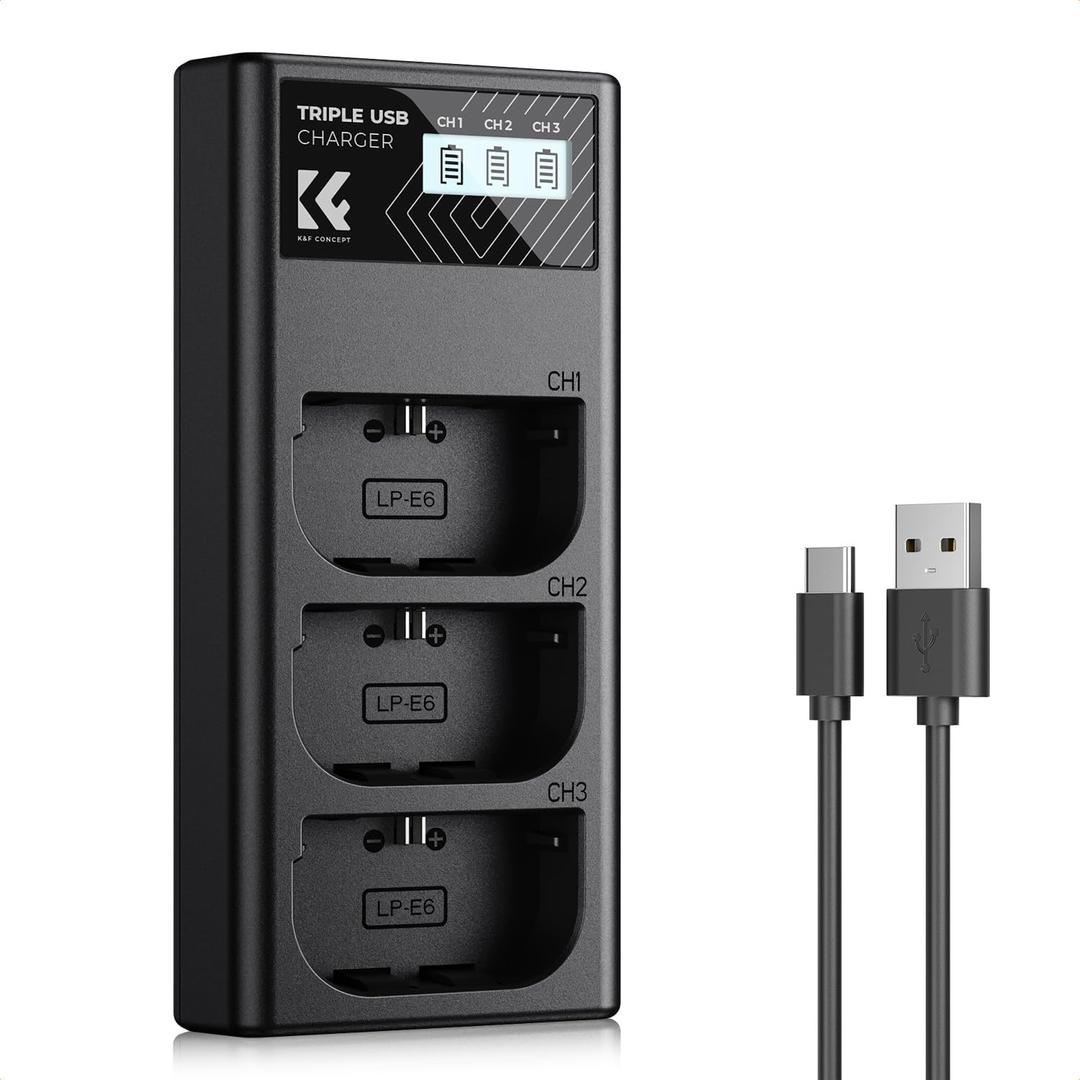 K&F CONCEPT LP-E6NH 3-Slot Charger, LP-E6 LP-E6N Battery Charger with LCD Display for Canon EOS R5 R6 R7 5D 6D 7D Mark II Cameras