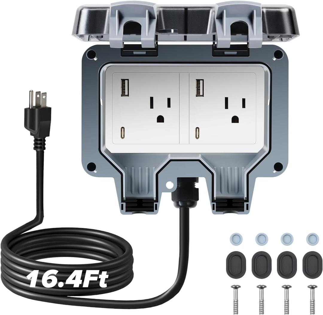Outdoor Power Outlet Box with 16.4Ft Extension Cord, Type C & USB Ports, STW 14 AWG, NEMA 5-15R Dual Electrical Outlets, Weatherproof Waterproof IP66, Exterior Wall Socket with Cover for Garden