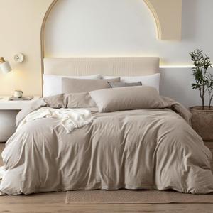 JIYUAN Queen Size Duvet Cover Set, 3-Piece - 100% Washed Cotton, Linen-Like Soft & Breathable with Zipper Closure, Includes 90x90 Inch Cover & 2 Pillowcases, Heathered Tannish Linen Grey