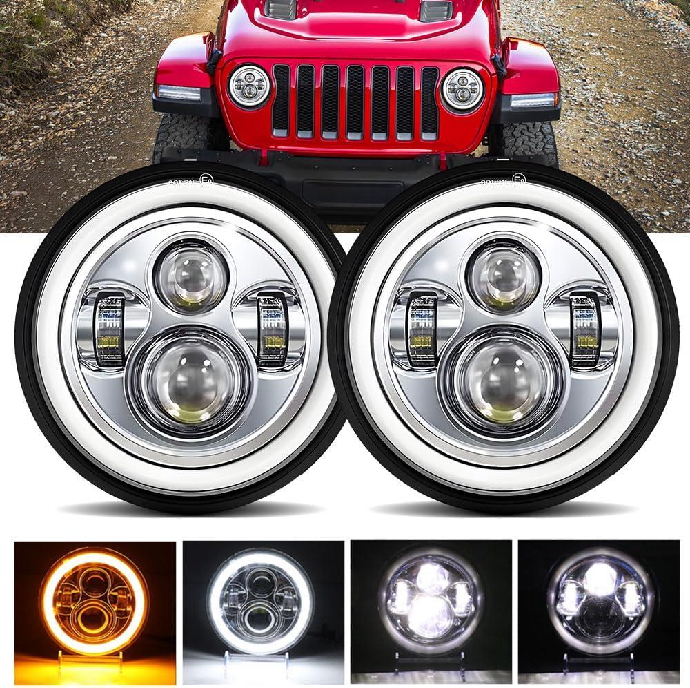 YUGUANG 7 inch LED Headlight Round, LED Halo Headlight Hi/Low Beam DRL Amber Turn Signal DOT Approved Compatible with Wrangler JK TJ CJ, 2PCS