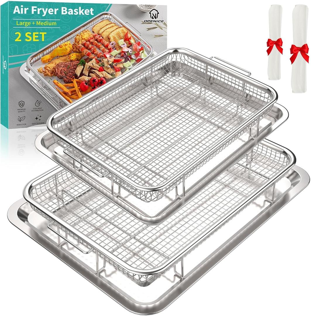 Air Fryer Basket, OPENICE 2 Set Air Fryer Pan and Crisper Tray for Oven, Non-stick Oven Air Fryer Basket for Baking and Crispy Foods - Large & Medium (15.6"  11.6" & 12.8"  9.6")