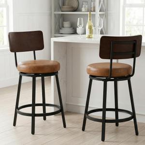 Swivel Bar Stools Set of 2, 26" Counter Height Barstools with Solid Wood Back & Metal Legs, Faux Leather Bar Chairs, Mid-Century Modern Counter Stools for Kitchen Island, Caramel Brown