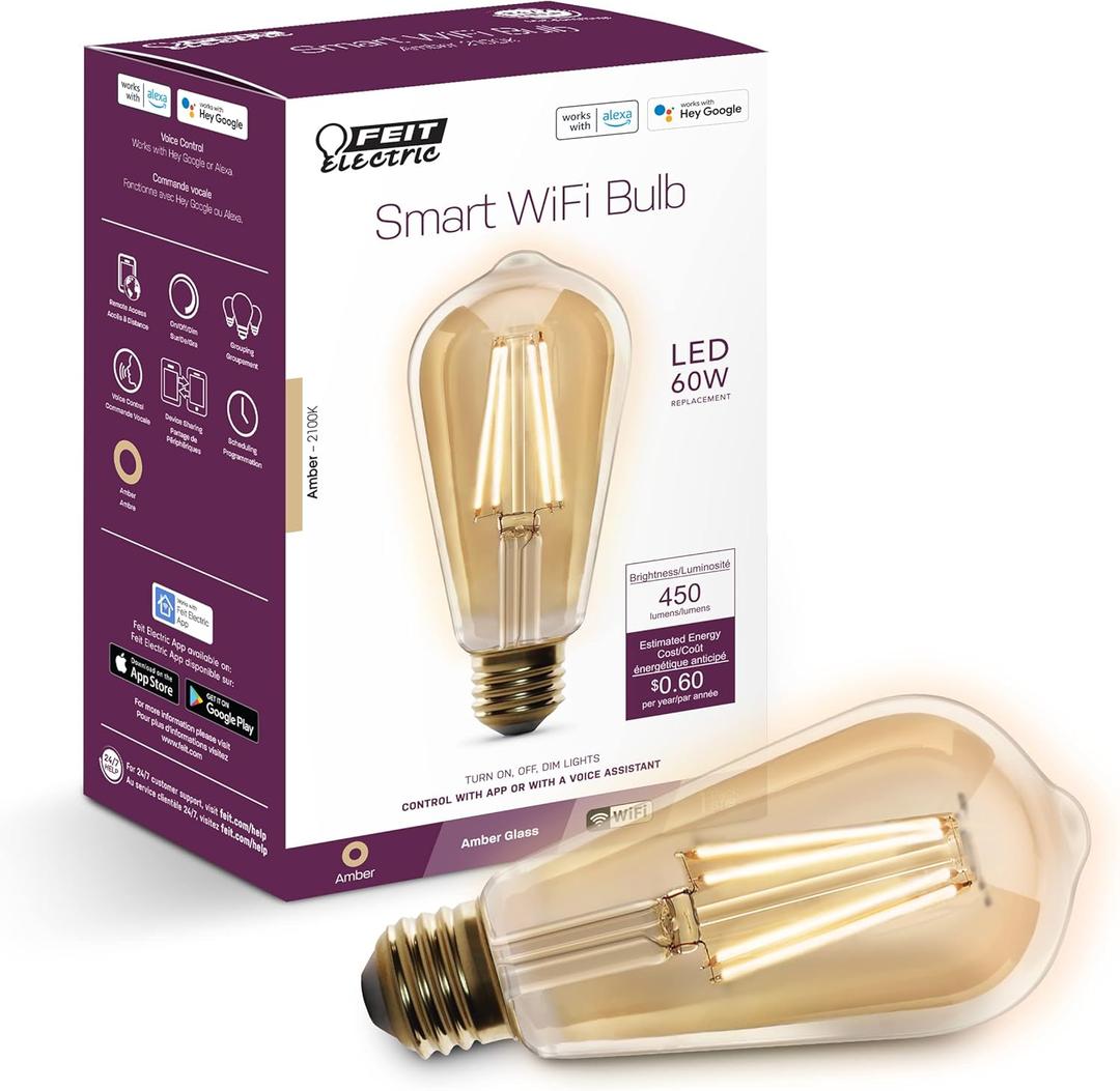 Feit Electric ST1960/FIL/AG 60 Watt Equivalent WiFi Dimmable, No Hub Required, Alexa or Google Assistant ST19 Edison Vintage LED Smart Light Bulb, Yellow, 5.4" H x 2.5" D, 2100K Amber,  1 Count (Pack of 1)