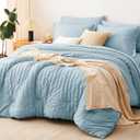 CozyLux Oversized King Comforter Set with Sheets, 7 Pieces 120"x98" Light Blue Seersucker Bed in a Bag, Luxury Soft All-Season Bedding Sets with Down Alternative Comforter, Sheets, Pillowcases & Shams