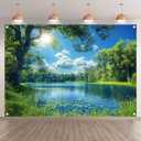 Fabric 7x5ft Lake Natural Scenery Backdrop River Forest Tree Blue Sky Bokeh Background Picnic Camping Hiking Spring Outdoor Party Decorations Photoshoot Banner Props