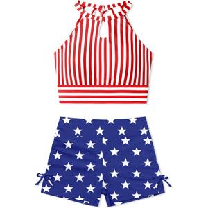 Girls 4th of July Swimsuit Size 8-10 Girls Tankini Swimsuit Blue-White Striped Halter Neck 4th of July Girls Swimsuit US Flag Swim Shorts 2 Piece Girls Swimwear, Size 150