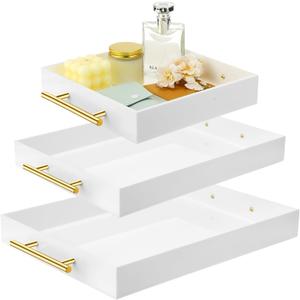 meekoo 3 Pcs Tray with Handles Acrylic Serving Tray Spill Proof Acrylic Bathroom Decorative Organizer for Coffee Table Countertop Appetizer 12x16 11x14 10x10 Inch(White with Gold Handle)