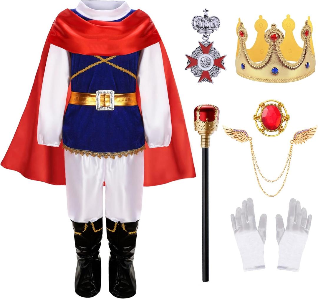 King Prince Charming Costume for Boys Kids Medieval Cosplay Dress Up Royal Outfits (7-8 Years, Blue)