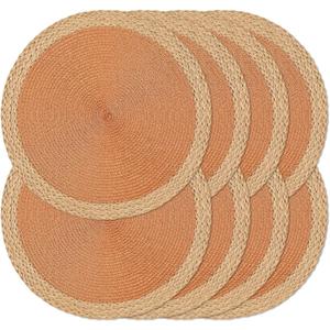 Noctiflorous Round Placemats Set of 8, 15 Inch Braided Hand Woven Table Mats, Heat Resistant Non-Slip Wipeable Wide Edge Place Mats for Kitchen Dining Indoor Outdoor Use(Orange, 8)