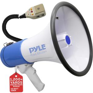 Pyle 50W Megaphone Bullhorn Speaker with Built-in Siren, Rechargeable Battery, 10-Second Record Function, Loud & Clear Sound for Sports Fans, Coaches, Cheerleading, or Safety Drills (PMP59IR)