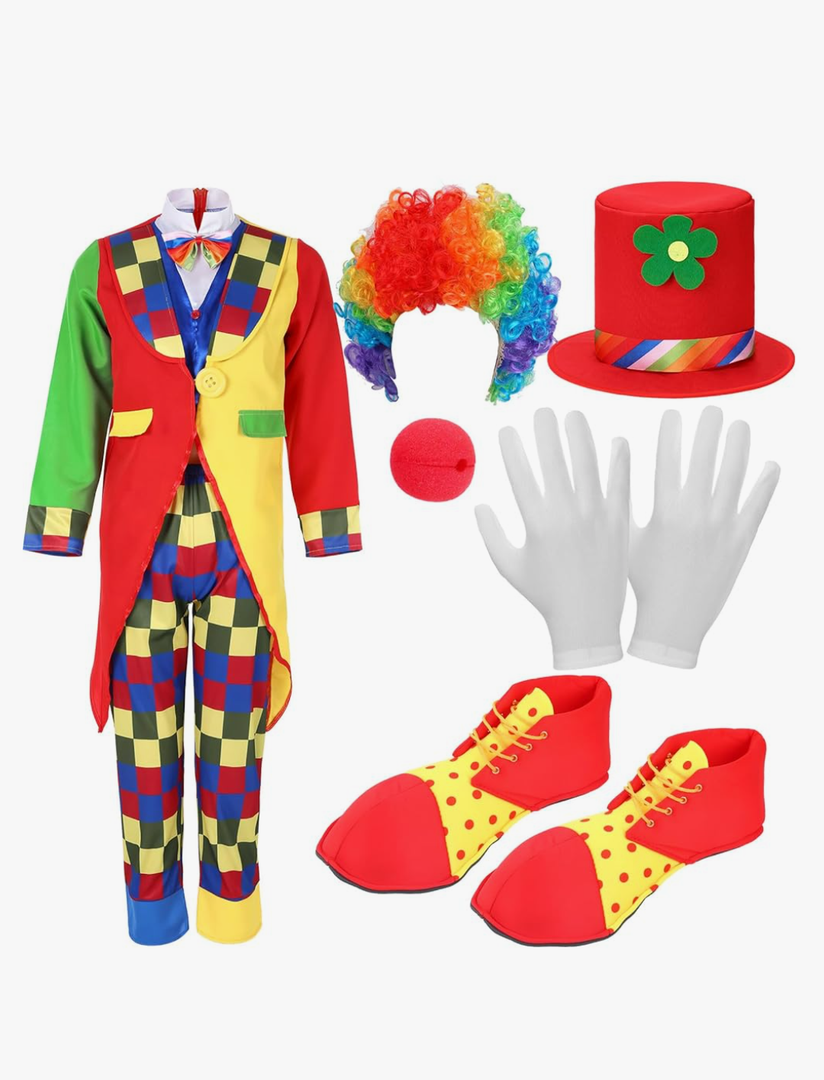 Yahenda Set of 7 Clown Costume Set Halloween Cosplay Clown Red Nose Wig Shoes Hat Accessories Circus Carnival Party Size XL