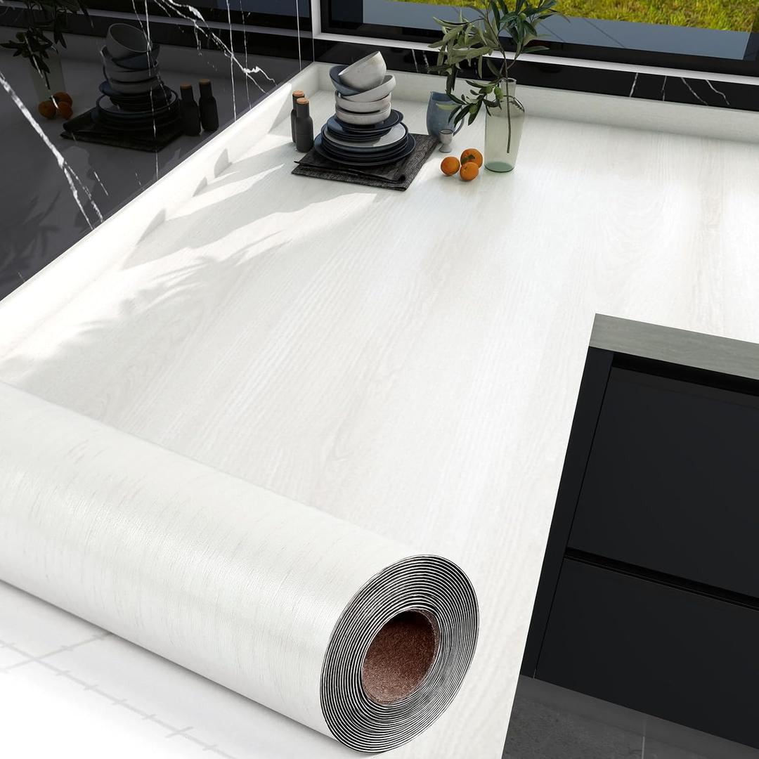 Thickened Wood Contact Paper Countertop Peel and Stick Textured Wood Grain Self Adhesive Wallpaper Removable Waterproof Vinyl Roll for Kitchen Table Cabinet Desk Furniture Floor 23.6"x236" Beige