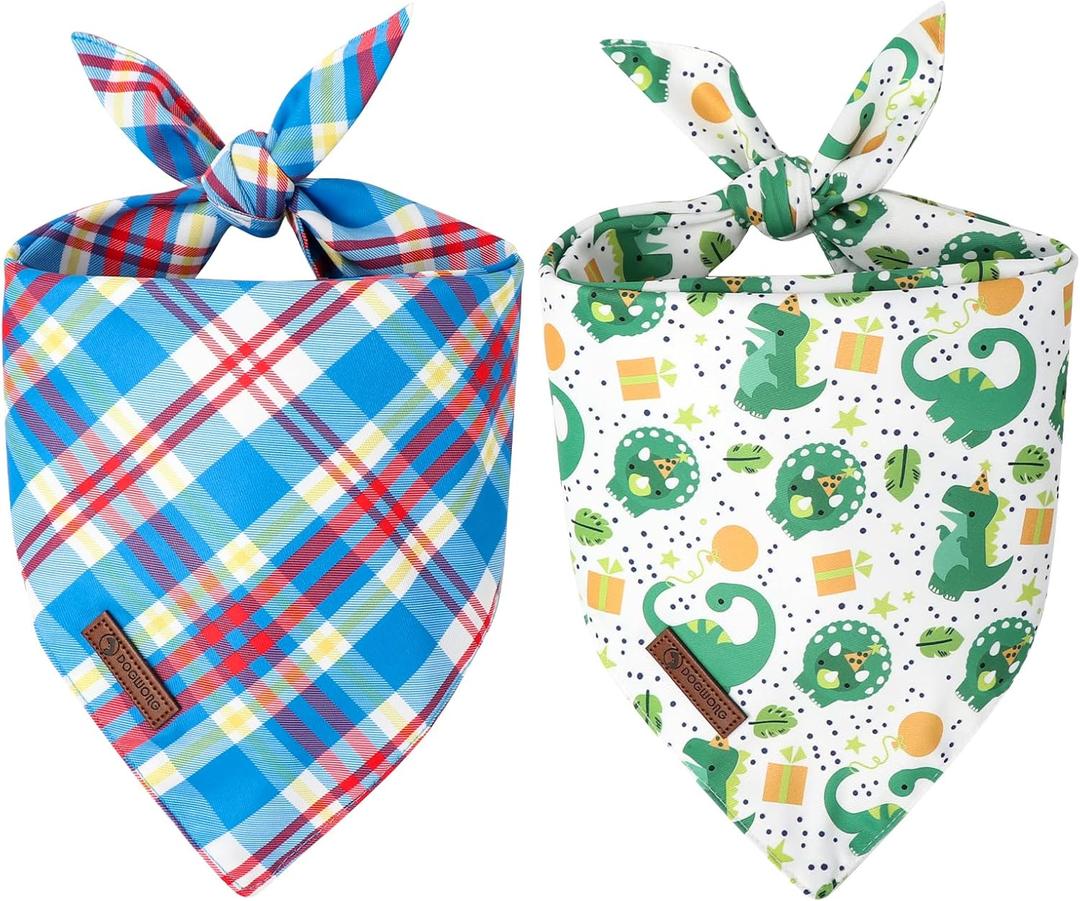2 x DOGWONG Boy Dog Bandanas 2 Pack, Dinosaur Blue Plaid Print Triangle Reversible Rabbit Carrot Pet Scarf Durable Male Bandana for Small and Medium Dogs (Small)
