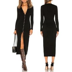 Women V Neck Long Sleeve Maxi Cardigan Dress Button Down Sweater Dress(Black,L)