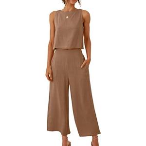 ANRABESS Women's Summer 2 Piece Outfits Sleeveless Crop Top Capri Wide Leg Pants Jumpsuit Linen Lounge Beach Travel Sets S