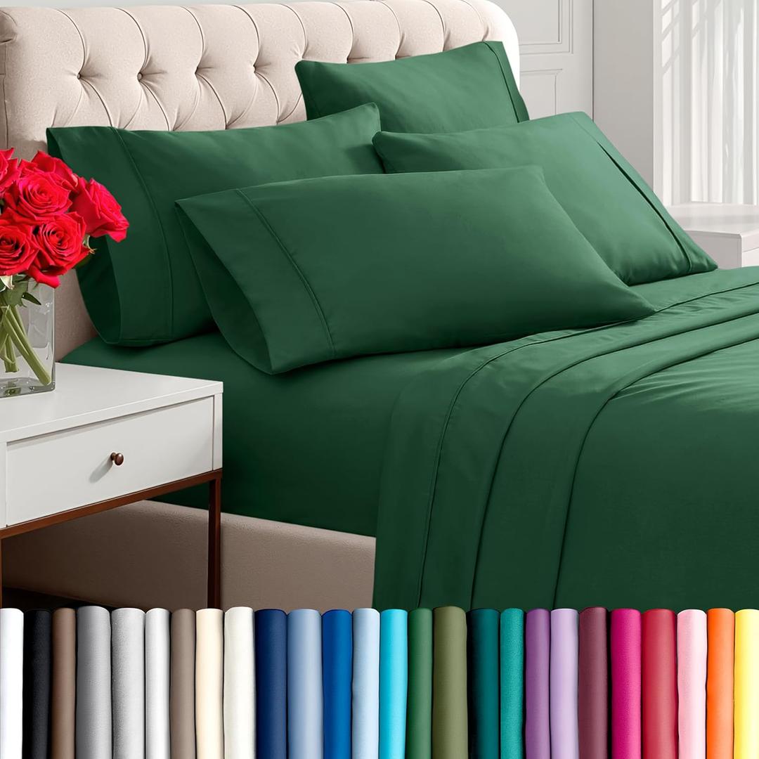 Bare Home Hotel Luxury Queen Sheet Set, Extra Soft - 6 Piece Set - Deep Pockets - Easy Fit - Cooling & Breathable - Wrinkle, Fade, Stain Resistant - Includes 4 Pillowcases (Queen, Forest Green)