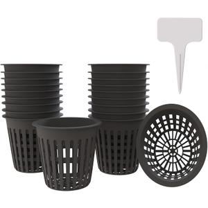 4 Inch Plastic Net Cups, Pots Plant Containers, for Hydroponics Aquaponics Orchids, 10 Pcs Black, with 20pcs Garden Tags.