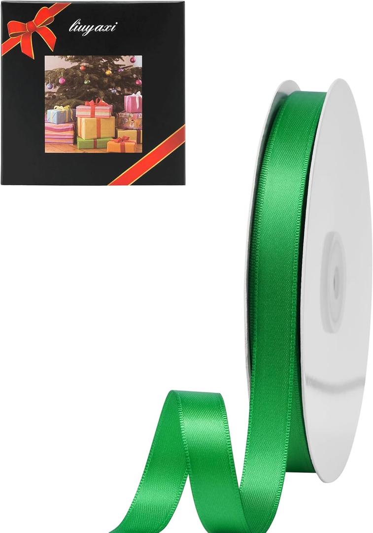 LIUYAXI Green Double Face Satin Ribbon 1/2" X 50 Yards, Ribbons Perfect for Crafts, Gift Wrapping, Bow Making and More