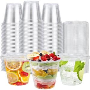 BYSNOW 100 Pack 9 oz Clear Plastic Cups With Flat Lids No Hole, Disposable Dessert Cups with Lids for Ice Cream, Pudding, Fruit, Cold Drinks, Cake, Snacks, Yogurt Parfait
