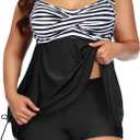 Aqua Eve Women Plus Size Tankini Swimsuit Two Piece Flowy Swimdress Bathing Suits with Shorts (Black and White Stripes), 22 Plus