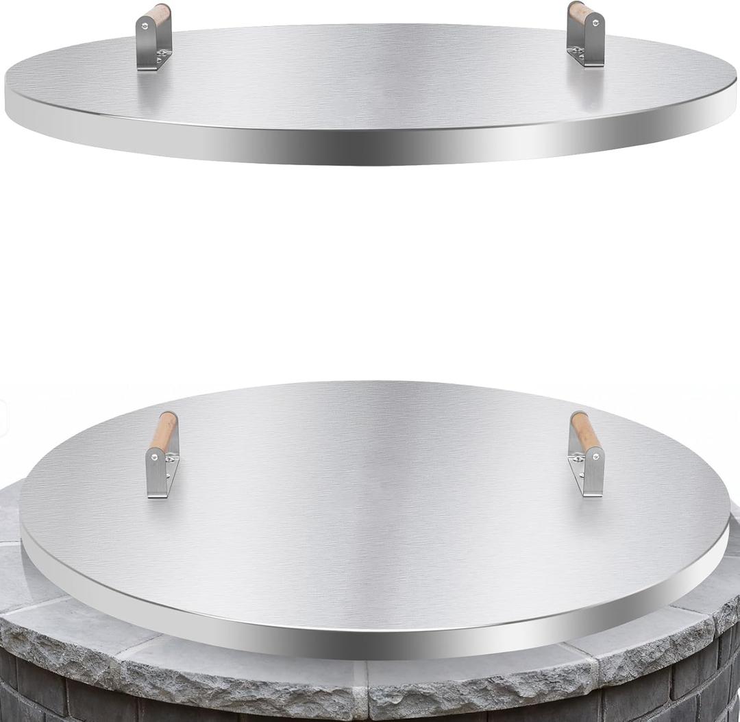 Fire Pit Lid Round - 34" Stainless Steel Rust Resistant Firepit Cover or Table with 2 Wooden Handle for Patio Fire Pit, Weatherproof for All Seasons, Fits Fire Pits Up to 32"