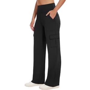 UNEWODER Yoga Cargo Pants Women Wide Leg Pants with Pockets High Waist Stretch Dress Casual Business Work Travel Pants, 31", Black, L