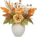 Artificial Fall Floral Centerpiece with Vase, Fake Flowers for Autumn Table Decorations, Silk Rose & Maple Leaves Arrangement, Rustic Cement Vase Harvest Decor for Dining Table, Kitchen, Living Room (Yellow)