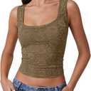 QINSEN Women's Lace Trim Square Neck Sleeveless Double-Layer Tank Top (Brown, XS)